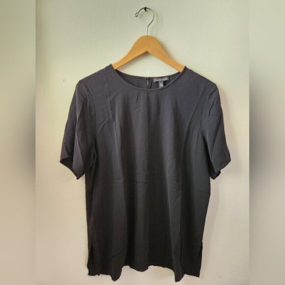 Eileen Fisher Silk Blouse Tunic Short Sleeve Black Relaxed Fit Washable Large - Picture 1 of 8